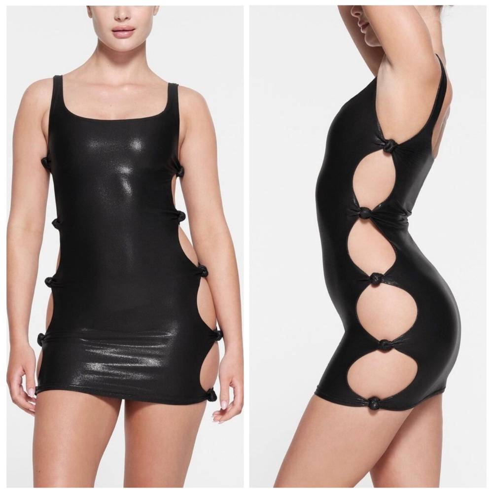 SKIMS Liquid Shine Swim Knotted Tank Dress Onyx Black Mini Women's XL New